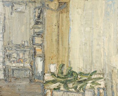 Claude JOUHANNEAU Intérieur à la nature morte, circa 1976. Huile et sable sur toile....