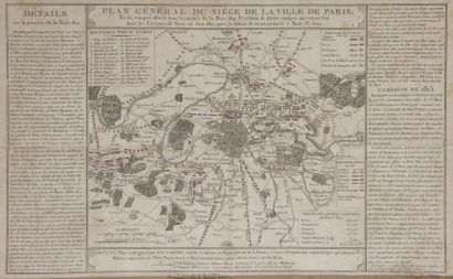 null Plan général du siège de la ville de Paris (1814 et 1815). 
Gravure aquarellée....