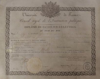 null Lot comprenant : un diplôme de bachelier Es Lettres signé de Cuvier d’époque...