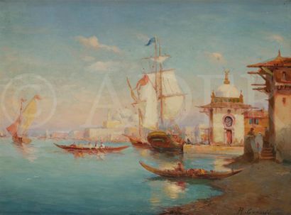 null R. GERODI (XIXe siècle)
Istanbul, bateaux sur le Bosphore et Sainte-Sophie
Huile...