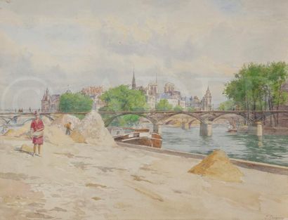 null Paul GRÉGOIRE (XIXe-XXe siècle)
Bord de Seine, vue de l’Île de la Cité
Aquarelle.
Signée...