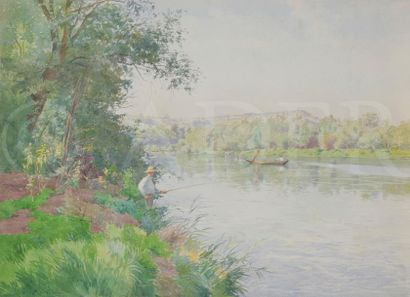 null Paul GRÉGOIRE (XIXe-XXe siècle)
Pêcheur sur le bord de la Loire
Aquarelle.
Signée...