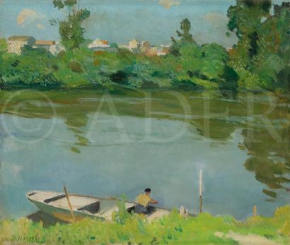 null Willem VAN HASSELT (1882-1963)
Mantes, barque sur la Seine
Huile sur toile.
Signée...