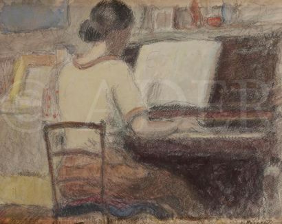 null Willem VAN HASSELT (1882-1963)
La Pianiste (Louise épouse du peintre).
Dessin...