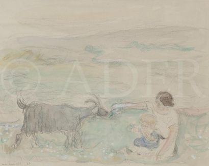 null Willem VAN HASSELT (1882-1963)
Louise, Ida et la chèvre, 1923
Aquarelle sur...