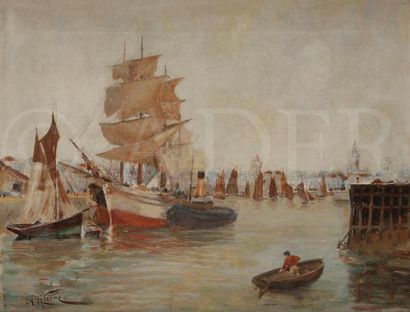 null Charles LEFÈVRE (1875-?)
Bateaux dans le port du Havre, 1910
Huile sur toile.
Signée...