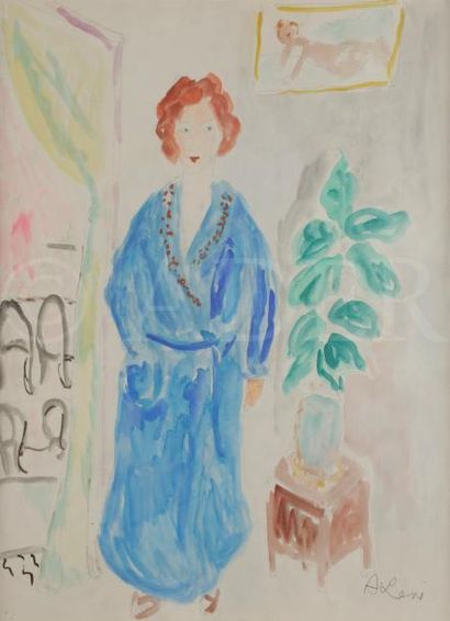 null André LEVÉ (1917-?)
Femme au peignoir bleu
Aquarelle.
Signée en bas à droite.
62...