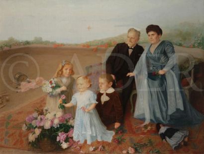 null James LIGNIER (actif 1880-1914)
Famille, 1909
Huile sur toile.
Signée en bas...
