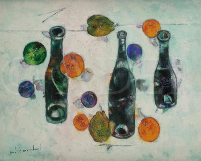 null André MARCHAND (1907-1997)
Vie silencieuse aux trois bouteilles
Huile sur toile.
Signée...