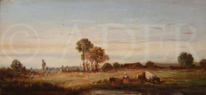 null C. BATILLON (XIXe-XXe siècle)
Bergère et ses vaches
Huile sur panneau.
Signée...