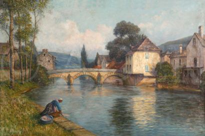 null Johannes SON (1859-1942)
Lavandière au bord de la rivière
Huile sur toile.
Signée...