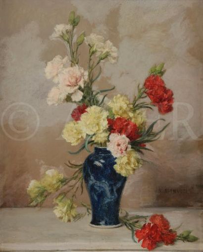 null Gustave BIENVETU (act.c.1875-c.1914)
Vase de fleurs
Huile sur toile.
Signée...