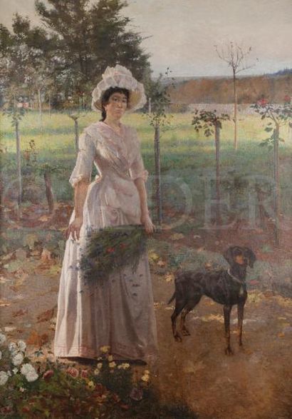 null ÉCOLE FRANÇAISE de la fin du XIXe siècle
Élégante et son chien au jardin
Huile...