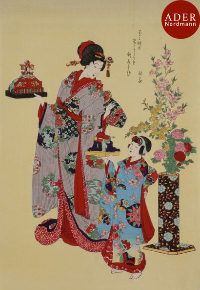 null Gravures japonaises
 Scènes avec geishas. Réunion de 3 gravures sur bois tirées...