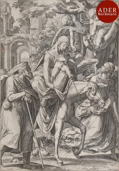 null Cornelis Cort (c. 1533-1578)
 La Fuite en Égypte. 1571. Burin. 192 x 273. Bartsch...