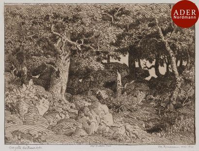 null Théodore Rousseau (1812-1867)
 Chênes de roche. Mai 1861. Eau-forte. 210 x 132....