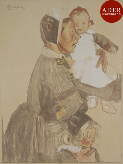 null Lucien Simon (1861-1945)
 Vieille bretonne conduisant des enfants. 1897. Lithographie....