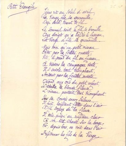 null José-Maria de HEREDIA (1842-1905). Poème autographe, Petit Évangile ; 1 page...