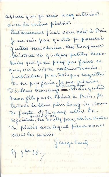 null George SAND. L.A.S., [Nohant] 27 septembre 1856, [à Madame Prost] ; 6 pages...