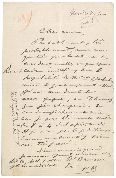 null Paul VERLAINE (1844-1896). L.A.S. « PV », Vendredi soir [janvier 1887, à son...