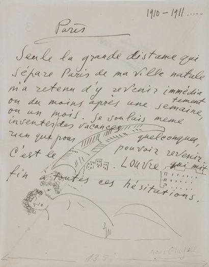 null Marc CHAGALL (1887-1985). Manuscrit autographe signé avec dessin à la plume,...