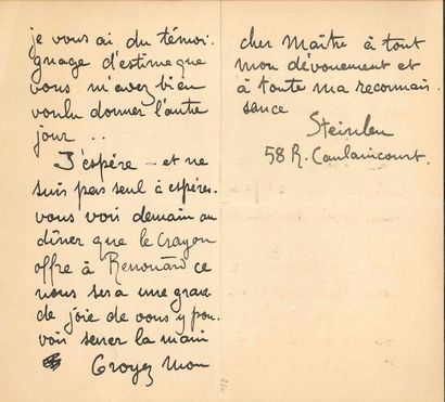 null Théophile Alexandre STEINLEN (1859-1923). 7 L.A.S., Paris 1894-1920 ; 9 pages...