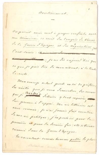 null François-René de CHATEAUBRIAND. Manuscrit avec ratures et corrections autographes,...