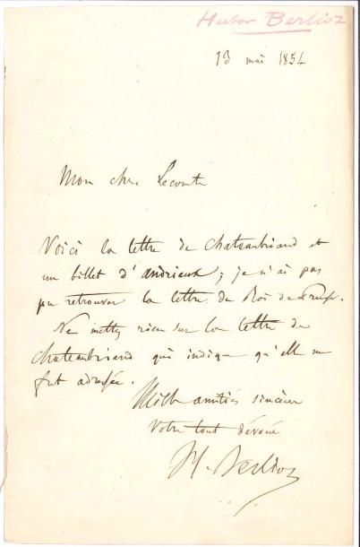 null Hector BERLIOZ (1803-1869). L.A.S., 13 mai 1854, à Jules Lecomte ; 1 page in-8.
...