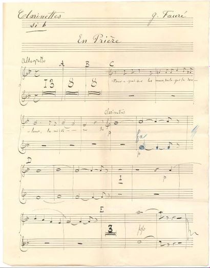 null Gabriel FAURÉ. Manuscrit musical autographe signé, En prière ; 1 page in-fol.
...