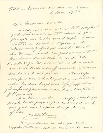 null Gabriel FAURÉ. 14 L.A.S., 1915-1923, à Mme Fernand Halphen ; 16 pages formats...