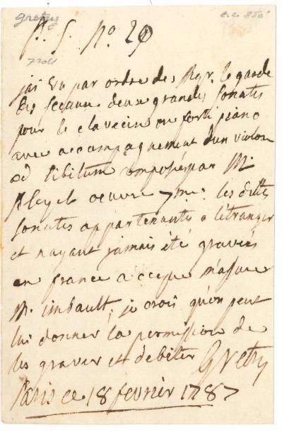 null André-Modeste GRÉTRY (1741-1813). P.A.S., Paris 18 février 1787 ; 1 page in-8.
...