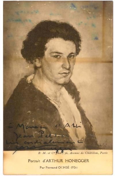 null Arthur HONEGGER (1892-1955). Portrait avec dédicace a.s. ; carte postale illustrée...