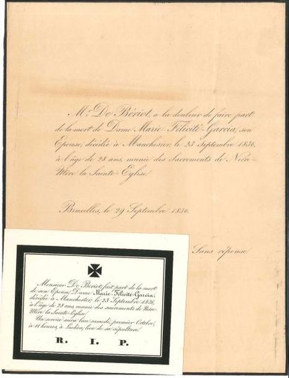 null [Maria MALIBRAN (1808-1836)]. 3 documents (portrait gravé joint).
 Faire-part...