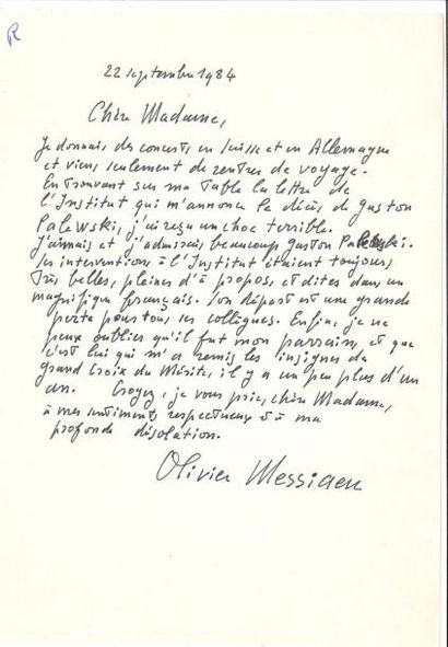 null Olivier MESSIAEN. L.A.S., 22 septembre 1984, [à Mme Gaston Palewski] ; 1 page...