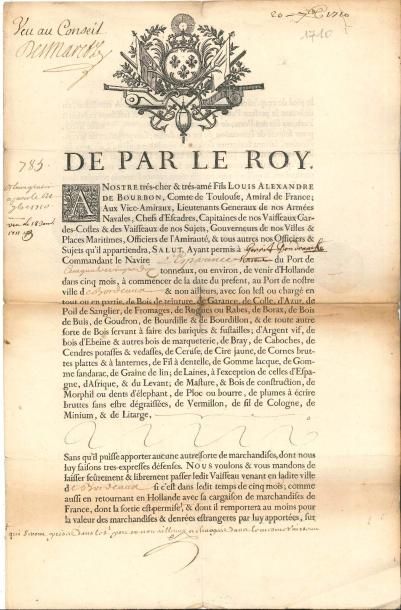 null MARINE. 8 P.S. et un imprimé, XVIIIe siècle.
 Billet de rançon du vaisseau le...