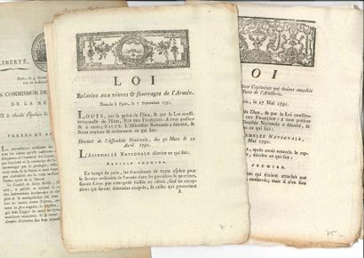 null RÉVOLUTION. 40 imprimés, 1790-1796 ; la plupart in-4.
 Lois et décrets concernant...