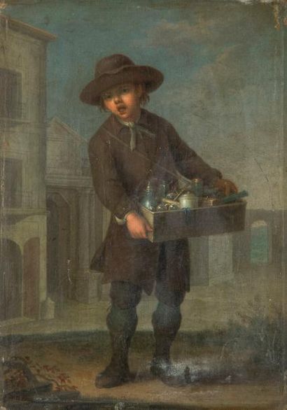 null Attribué à Justus JUNCKER (1703- 1767)
Le petit marchand ambulant 
Panneau de...