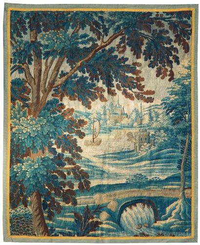 null Fragment de tapisserie d’Aubusson à décor de paysage lacustre.
XVIIIe siècle...