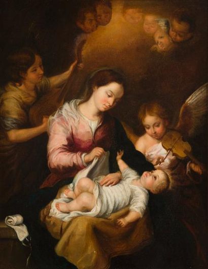 null École ESPAGNOLE du XVIIe siècle, 
suiveur d’Esteban MURILLO
La Vierge à l’Enfant...