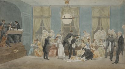 null École FRANÇAISE du XIXe siècle
à l’heure du thé
Aquarelle.
27 x 49 cm