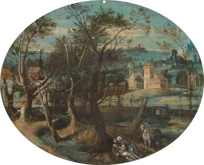 null École FLAMANDE du XVIIe siècle 
Paysage animé d’une scène religieuse
Cuivre...