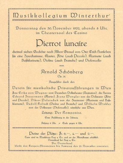 null [Arnold SCHÖNBERG (1874-1951)]. 4 documents imprimés, 1922-1927 et s.d. ; in-4.
Concerts...