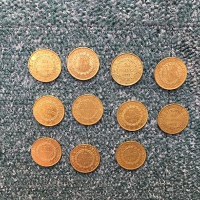 null Lot de 11 pièces de 20 Francs en or Type au Génie - 1875 - 1876 (2) - 1877 (3)...