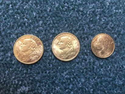 null Lot de 3 pièces en or, Suisse
2 pièces de 20 Francs Type Helvetia, Vrénéli -...