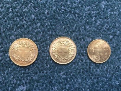 null Lot de 3 pièces en or, Suisse
2 pièces de 20 Francs Type Helvetia, Vrénéli -...