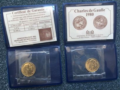 null 2 pièces en or commémoratives, France - Charles de Gaulle dans leur étui avec...