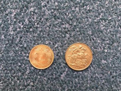 null Lot de 2 pièces en or, Etranger
1 Souverain Type Edouard VII - 1910
10 Francs...