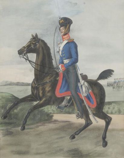 null Officier de cavalerie russe à cheval
Lithographie rehaussée d’aquarelle.
34...