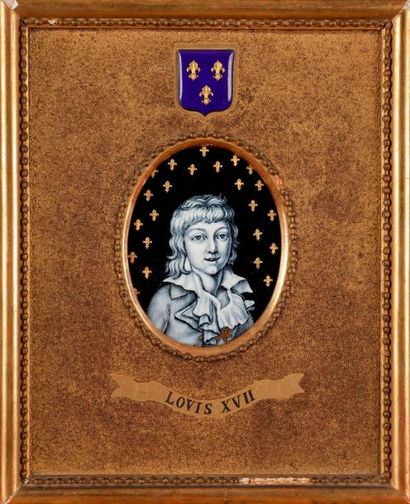 null Le Dauphin Louis XVII
émail sur cuivre peint en grisaille et or sur fond bleu...