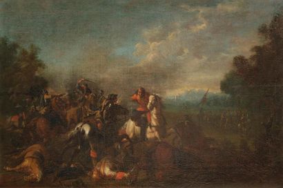 null Attribué à August QUERFURT (1696-1761)
Choc de cavalerie 
Toile 
34 x 51 cm
Restaurations...